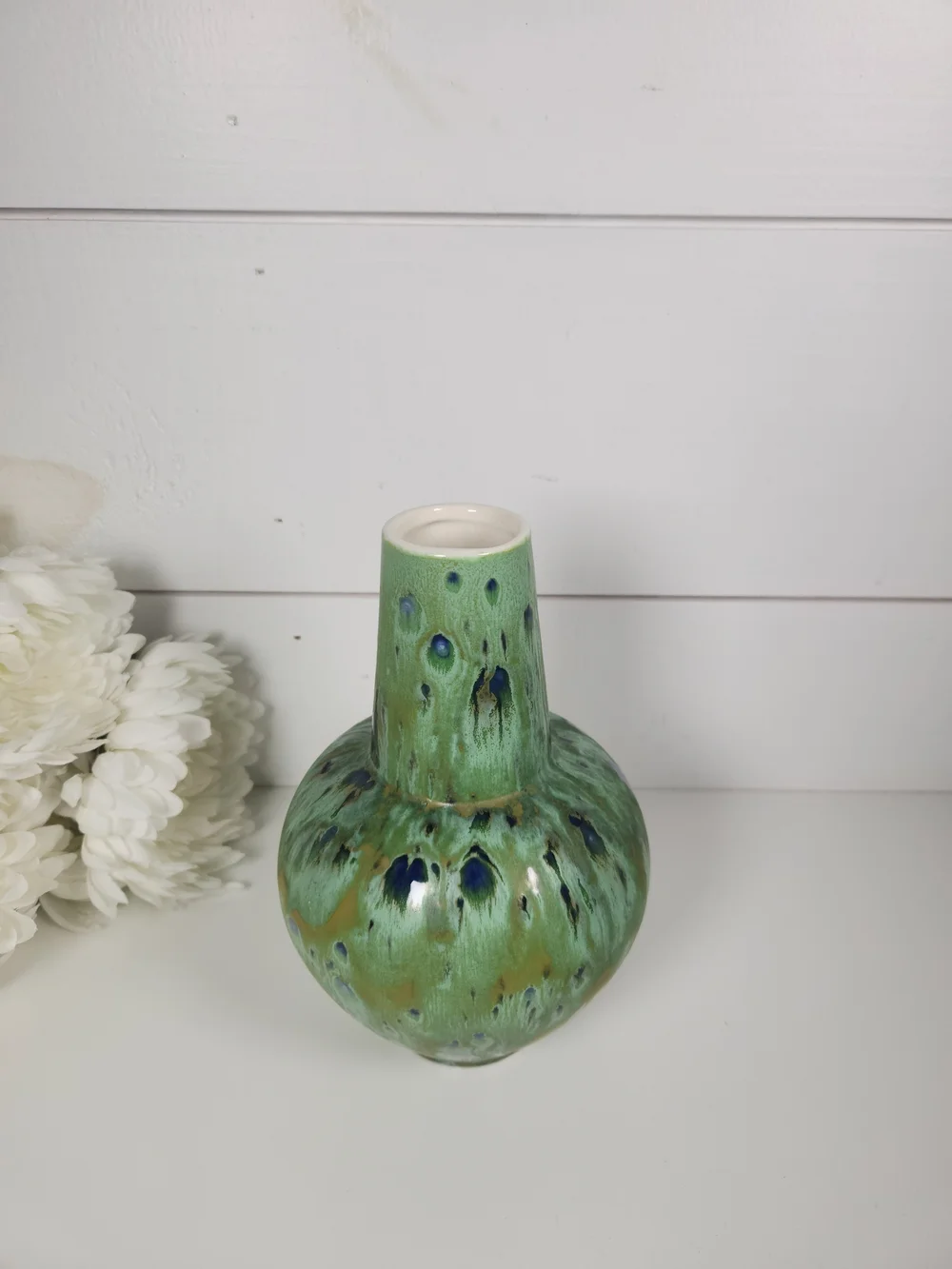 Vintage Peacock Feather Design Pottery Vase | Green & Blue Glazed Art Vase